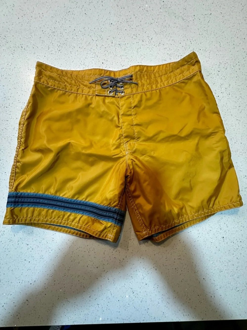 Birdwell Mustard Yellow Swim Board Shorts with Navy Stripe